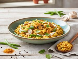 Curry-Risotto mit Bohnen und Champignons