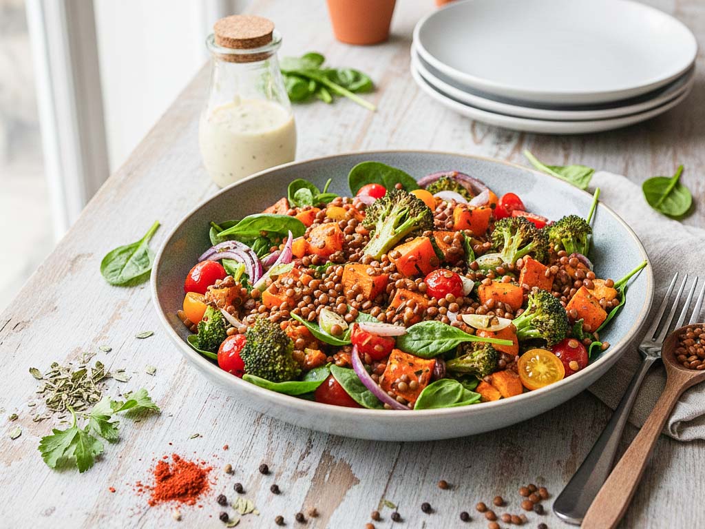 Linsensalat mit geröstetem Gemüse