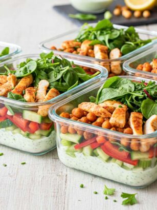 Proteinsalat mit Hähnchen, Kichererbsen und Gemüse