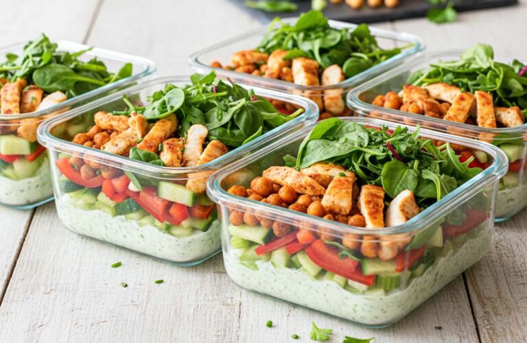 Proteinsalat mit Hähnchen, Kichererbsen und Gemüse