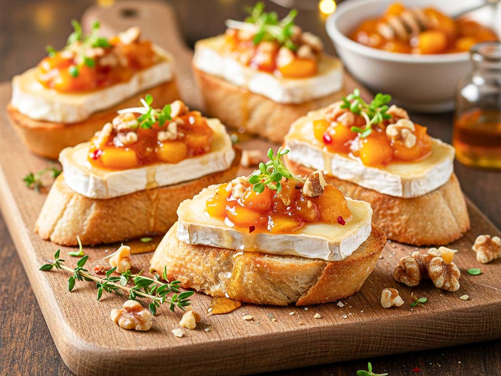 Ziegenkäse-Crostini mit Mango-Chutney und Walnüssen