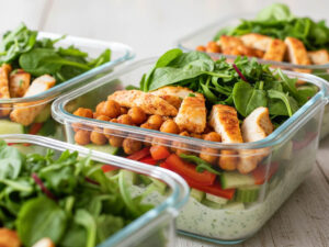 Proteinsalat mit Hähnchen, Kichererbsen und Gemüse